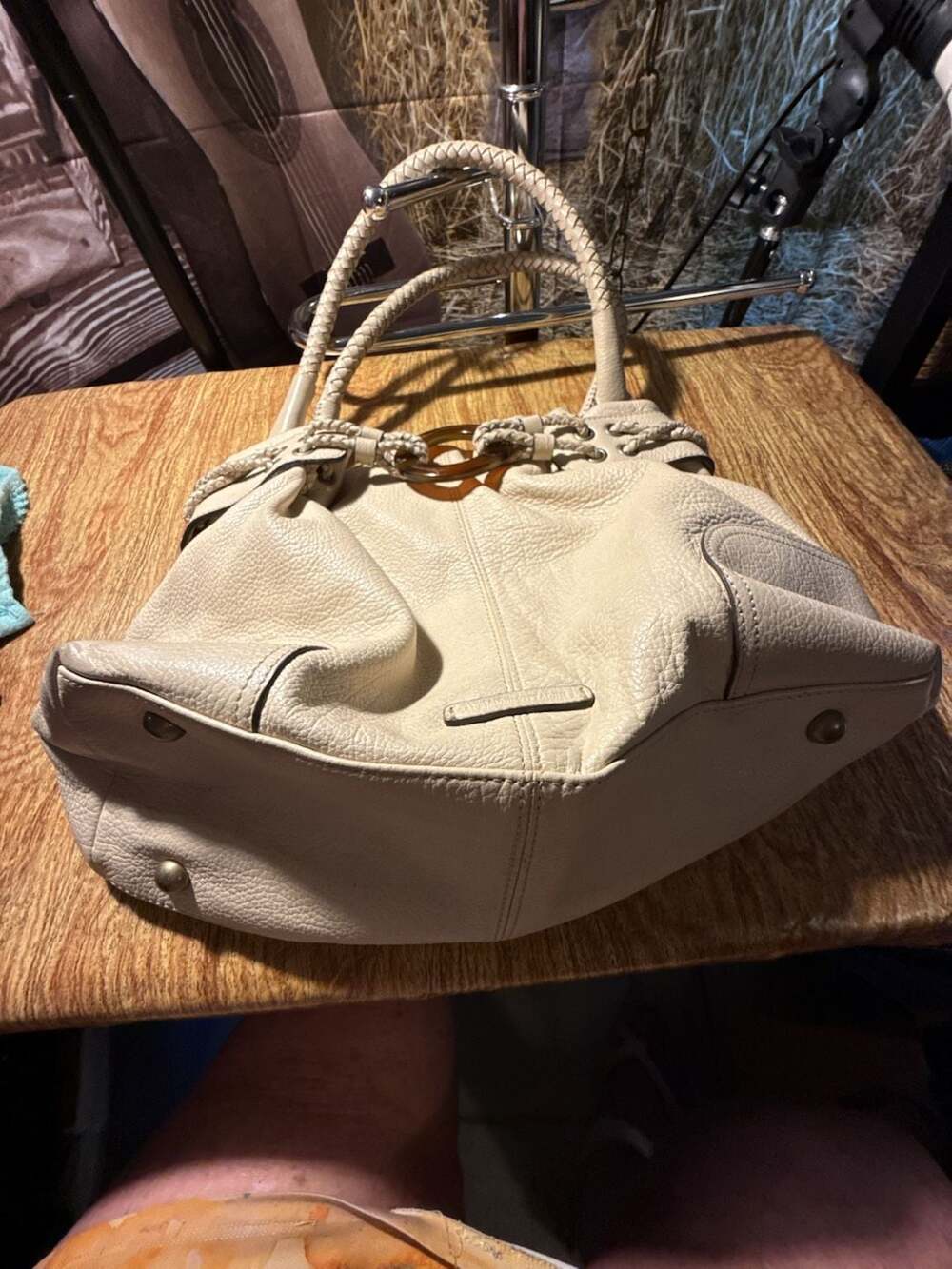 Adrienne Vittadini Cream Pebble Leather Hobo Shoulder Bag with Braided Handles